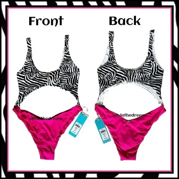 Beach Bunny Kelly Monokini One Piece Zebra Stripe and Barbie Pink SZ L $170
